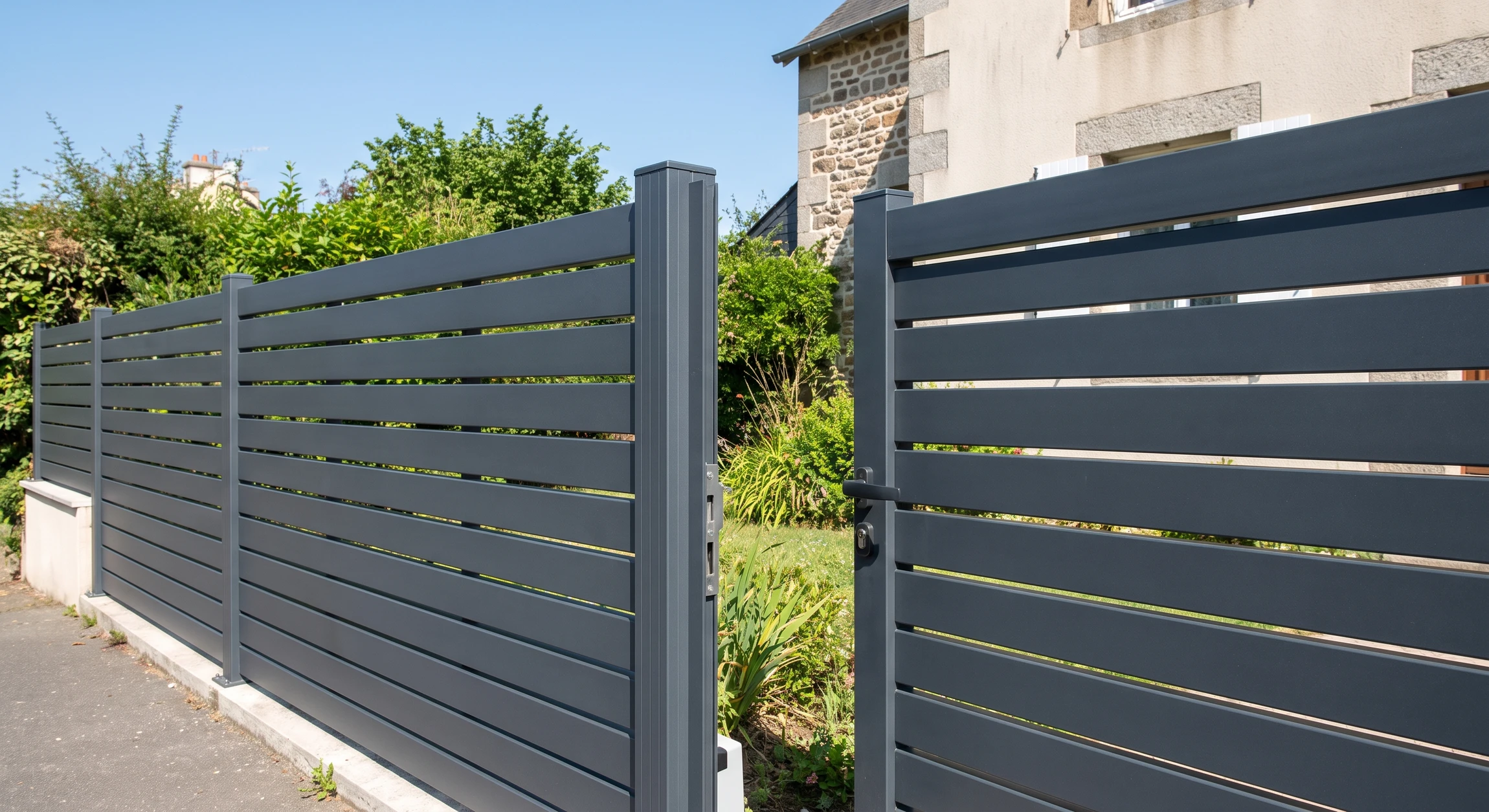 Photographie réelle en extérieur d'une clôture aluminium gris anthracite lamellée de qualité, montrant 2-3 mètres de linéaire, avec un portail motorisé aluminium assorti en ouverture, installée en limite de propriété résidentielle. Environnement : végétation verte en arrière-plan, façade de maison partiellement visible, ciel dégagé. Vue de trois-quarts, netteté fine sur les détails de la clôture et du portail, profondeur de champ naturelle. Photographie diurne en lumière naturelle, rendu professionnel et soigné.