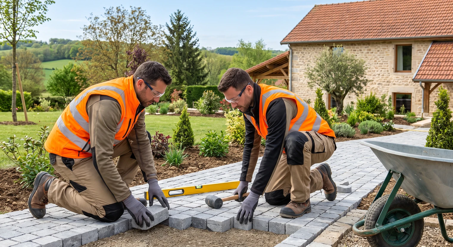 Photographie d'une équipe de deux paysagistes en tenue professionnelle (gilet de travail, bottes) travaillant ensemble sur un chantier d'aménagement extérieur. Les deux collaborateurs sont en train de réaliser une tâche concrète (pose de dallage, création de massif ou aménagement paysager). Arrière-plan montrant un jardin en cours de transformation. L'image doit transmettre une impression d'efficacité, de collaboration étroite et de professionnalisme dans le travail en équipe.