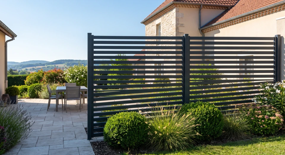 Terrasse résidentielle délimitée par une clôture brise-vue en lames horizontales anthracite ou vert sombre, offrant une vue partiellement masquée sur le jardin intérieur, avec du mobilier d'extérieur en arrière-plan. La clôture crée une barrière protectrice tout en conservant une certaine légèreté visuelle. Environnement paysager accueillant avec plantations de buis, arbustes et massifs, sol en terrasse dallée ou gravillon. Jour ensoleillé, ambiance calme et intime.