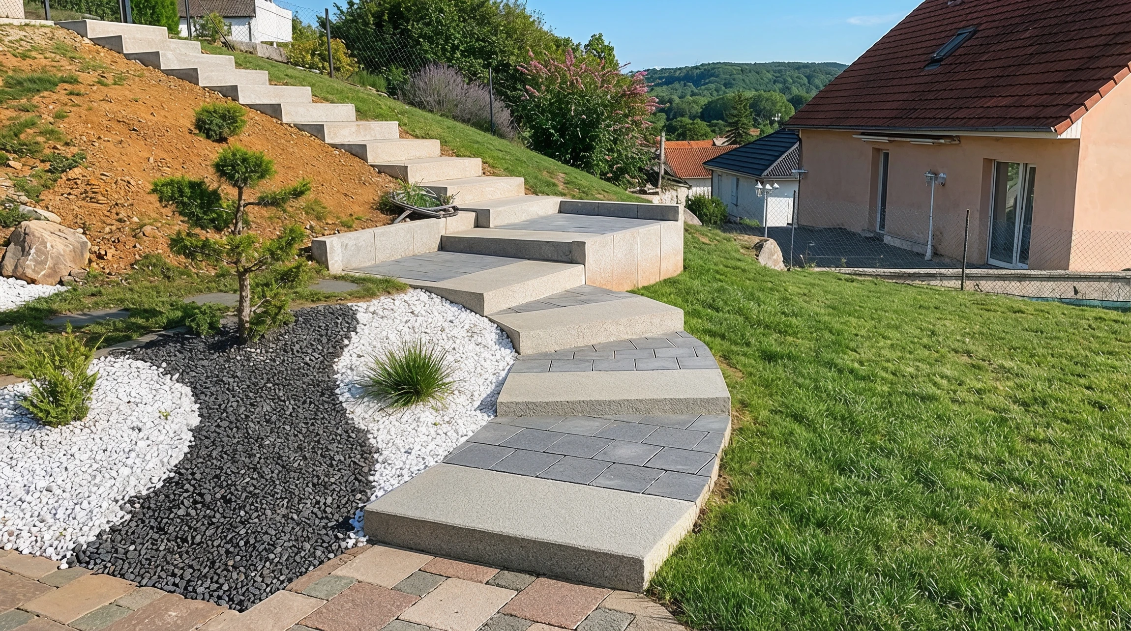 Escalier extérieur en béton avec marches larges menant vers un espace urbain paysagé